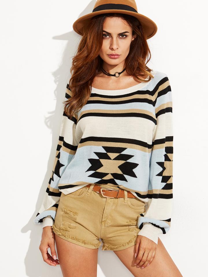 Shein Color Block Tribal Pattern Lantern Sleeve Sweater