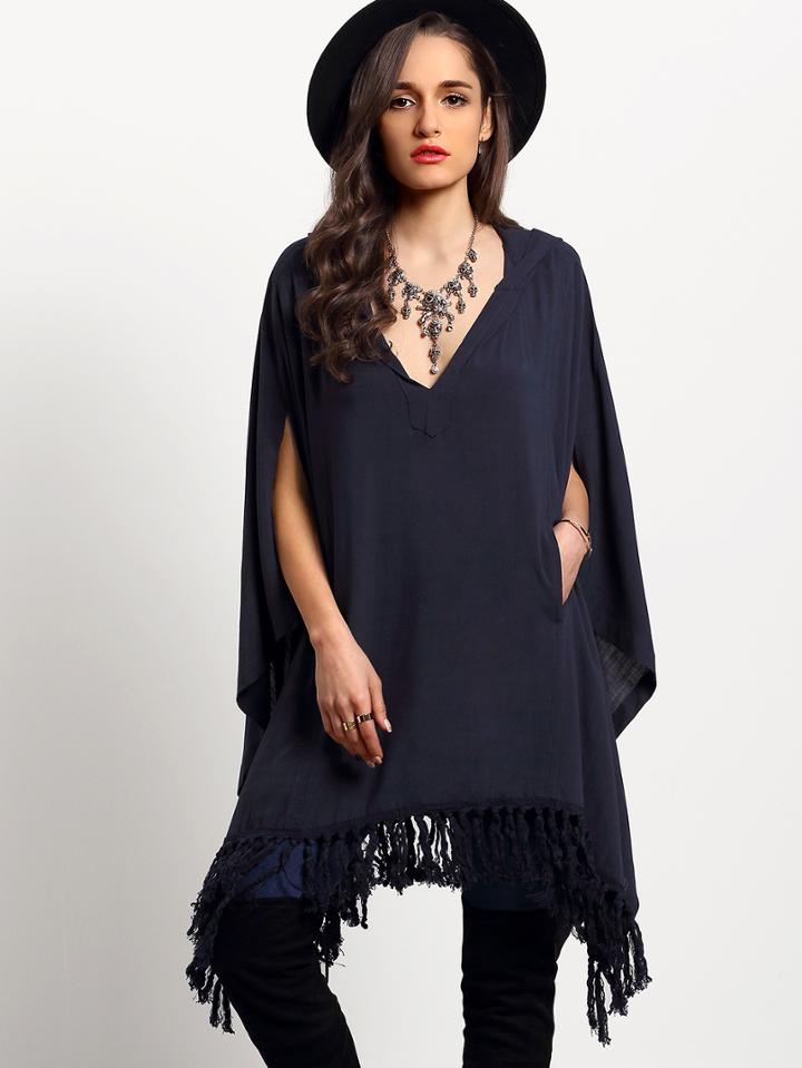Shein Navy Hooded V Neck Tassel Loose Cape Blouse
