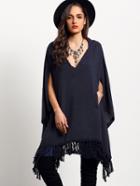 Shein Navy Hooded V Neck Tassel Loose Cape Blouse