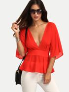Shein Red Sheer Plunge V-neck Open Back Blouse