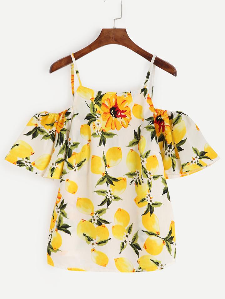 Shein White Lemon Print Cold Shoulder Blouse