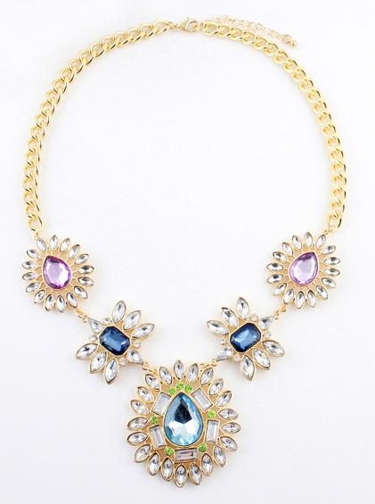 Shein Multi Gemstone Gold Flower Chain Necklace