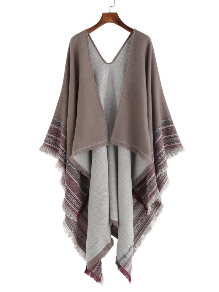 Shein Khaki Tribal Print Eyelash Fringe Shawl Scarf