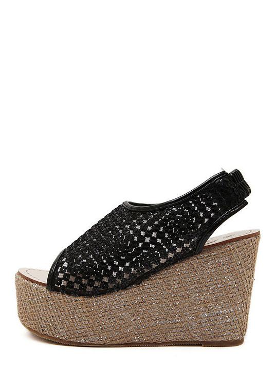 Shein Black Peep Toe Hollow Wedge Sandals