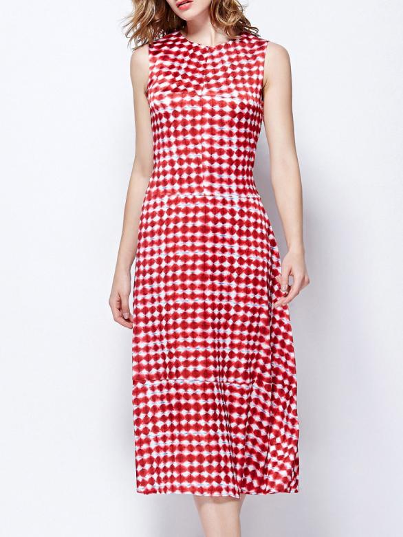 Shein Red Round Neck Sleeveless Check Print Dress