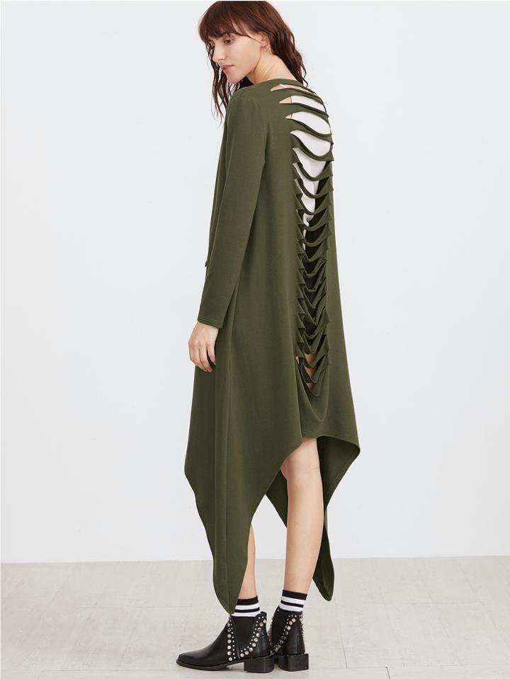 Shein Olive Green Waterfall Collar Ripped Back Asymmetric Coat