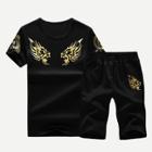 Shein Men Golden Floral Print Tee With Shorts