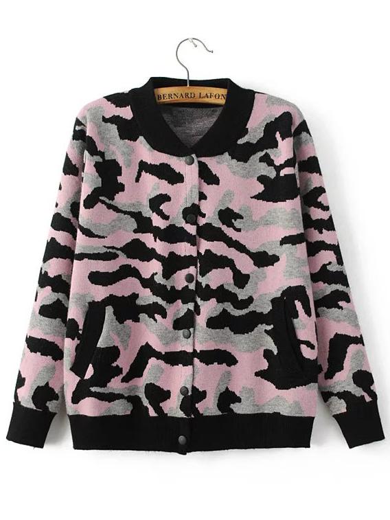 Shein Pink Camouflage Print Knitted Bomber Jacket With Buttons