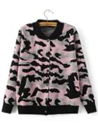Shein Pink Camouflage Print Knitted Bomber Jacket With Buttons