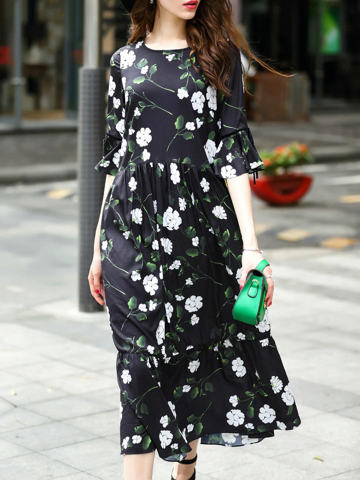 Shein Flowers Print Bell Sleeve Long Dress