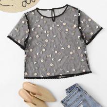 Shein Botanical Embroidered Mesh Top