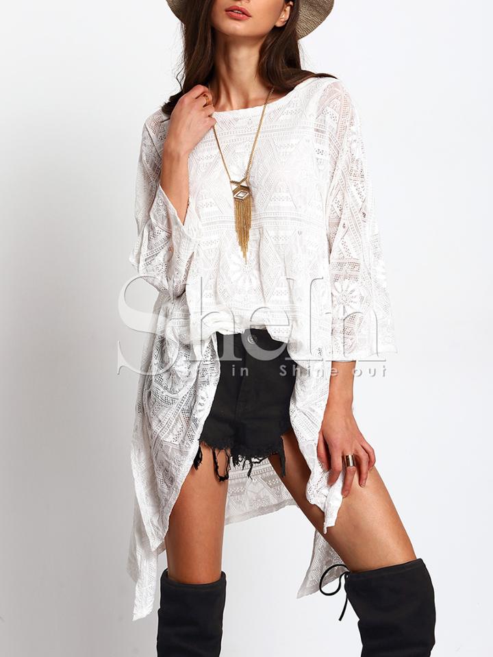 Shein White Sheer Crochet Lace High Low Blouse