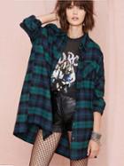 Shein Green Blue Long Sleeve Checks Plaid Checkered Loose Blouse