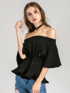 Shein Bardot Lace Up Front Frill Trim Top