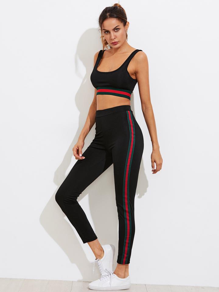 Shein Striped Tape Detail Gym Bar With Leggings