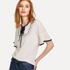 Shein Contrast Binding Tie Neck Embroidered Top