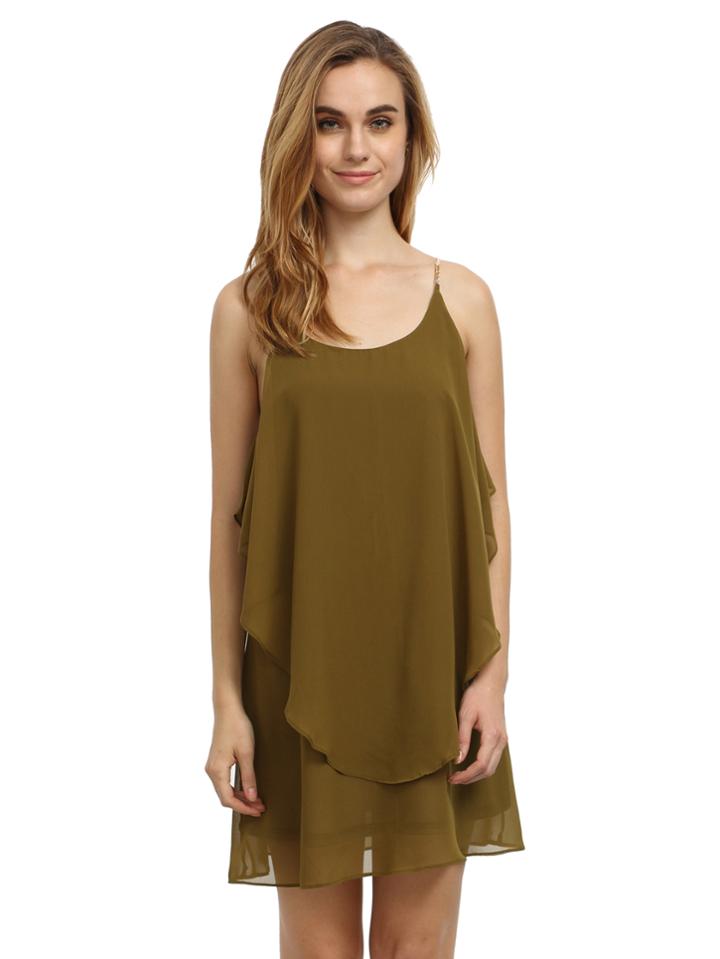 Shein Army Green Slip Spaghetti Strap Wrinkle Ruffle Dress