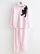 Shein Contrast Cat Flannel Pajama Set With Matching Eye Mask