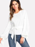 Shein Self Belt Keyhole Back Bishop Sleeve Top