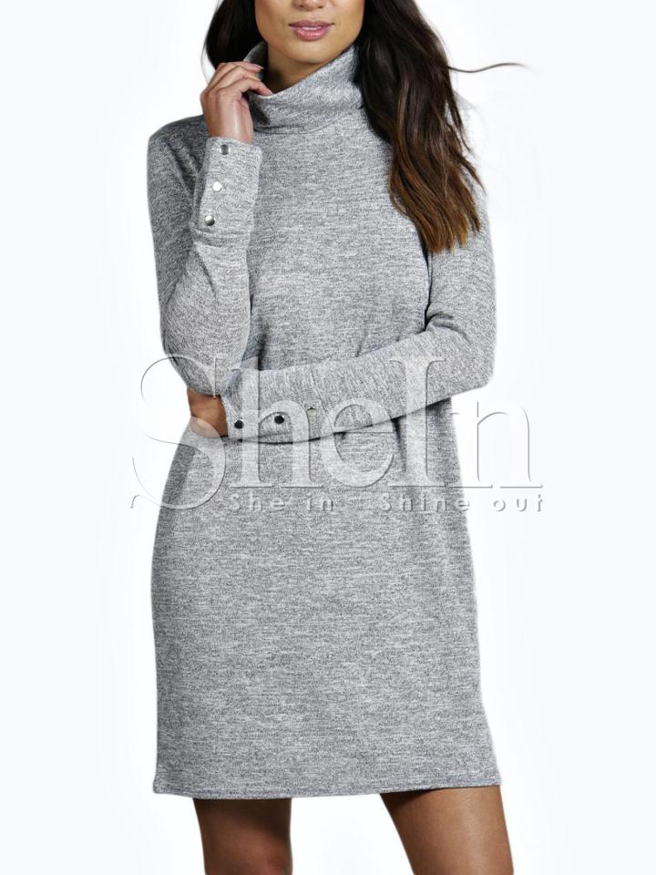 Shein Grey High Neck Button Cuff Tshirt Dress