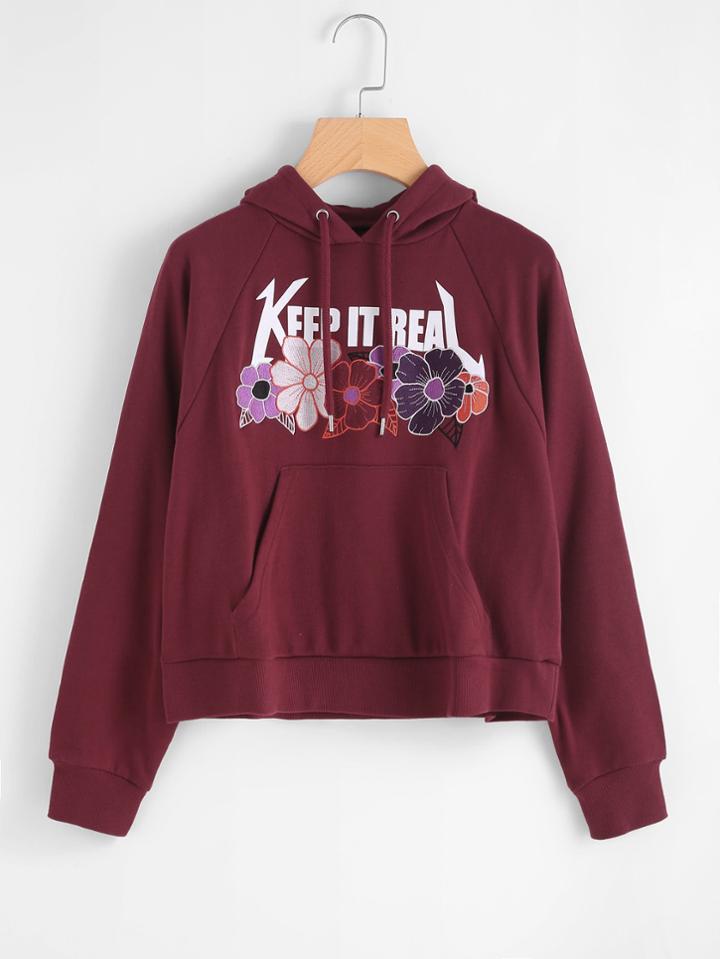 Shein Raglan Sleeve Flower Embroidered Hoodie