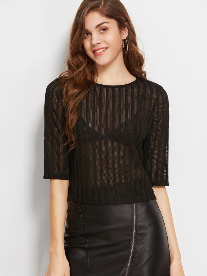 Shein Half Sleeve Sheer Striped Mesh Top
