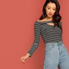 Shein Cutout Front Off Shoulder Fitted Striped Tee