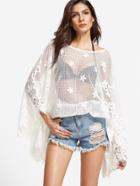 Shein White Boat Neck Floral Embroidered Crochet Poncho Top