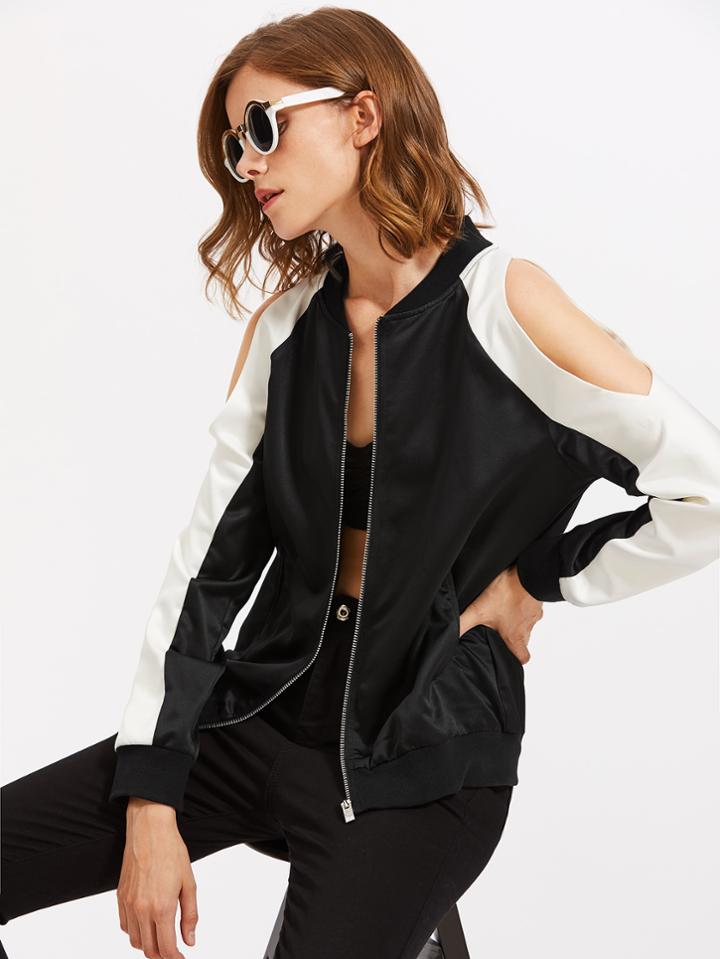 Shein Two Tone Open Shoulder Bomber Jacket