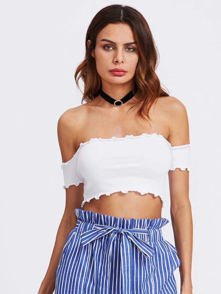 Shein Lettuce Edge Trim Bardot Ribbed Crop Tee