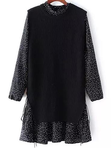 Shein Black Polka Dot Tassel Two Pieces Dress