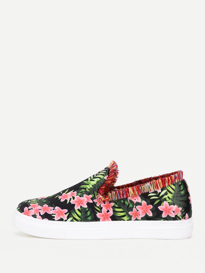 Shein Flower Print Fringe Trim Slip On Plimsolls