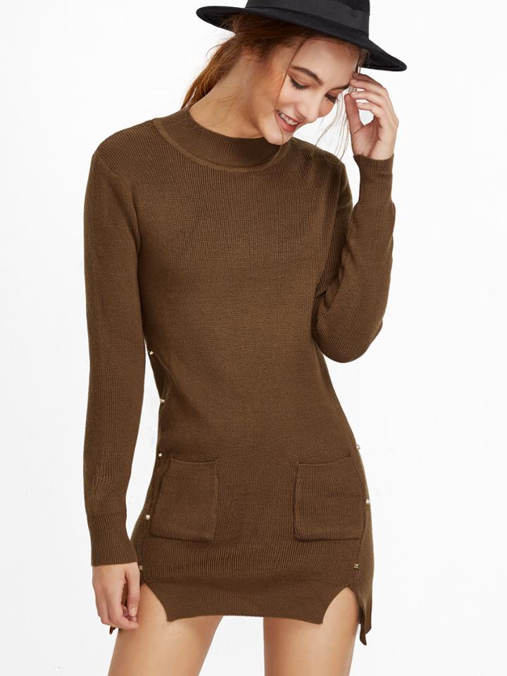 Shein Khaki Slit Side High Low Studded Sweater
