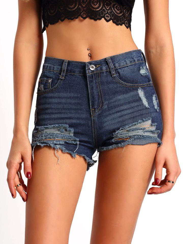 Shein Blue Ripped Denim Slim Shorts