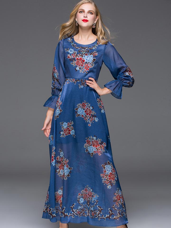 Shein Blue Round Neck Bell Sleeve Beading Print Dress