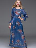 Shein Blue Round Neck Bell Sleeve Beading Print Dress