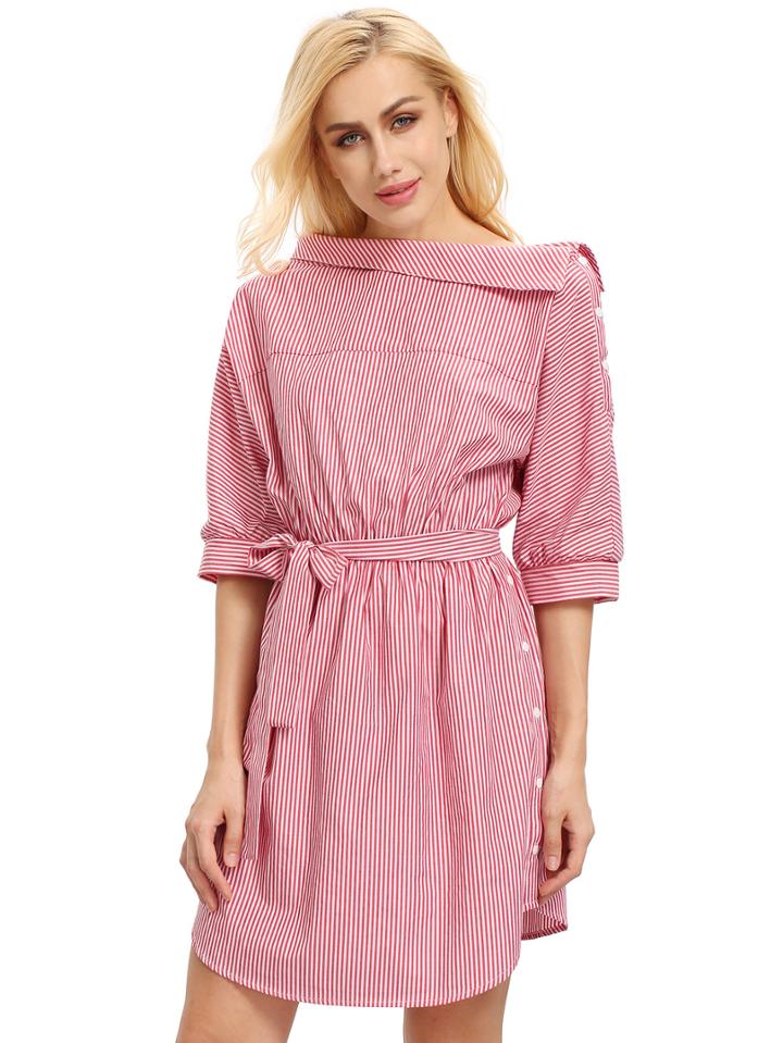 Shein Red Periwinkle Shouldered Half Sleeve Off The Shoulder Striped Dress