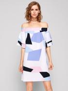 Shein Shirred Bardot Tiered Sleeve Geo Print Dress