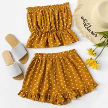Shein Polka Dot Bandeau Top With Frill Hem Shorts