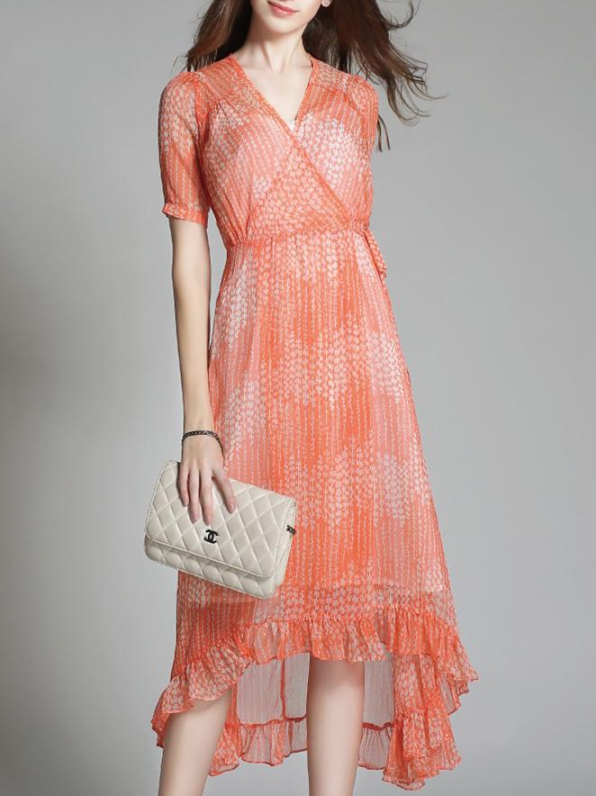 Shein Orange V Neck Print High Low Dress