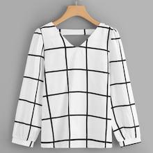 Shein V Neck Plaid Chiffon Blouse