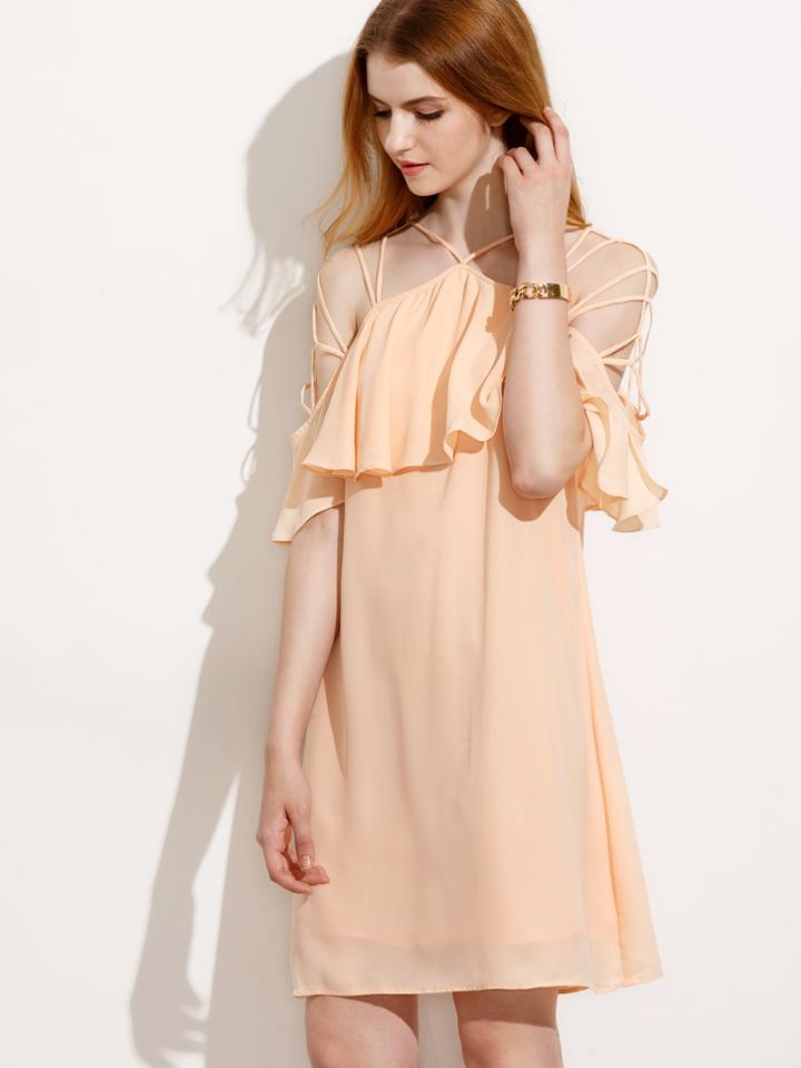 Shein Light Pink Cut Out Shoulder Ruffle Sleeve Shift Dress
