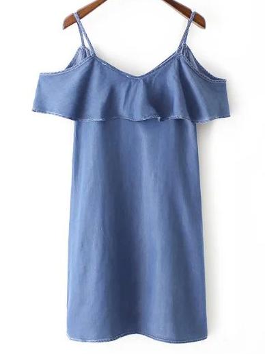 Shein Blue Denim Ruffle Spaghetti Strap Dress