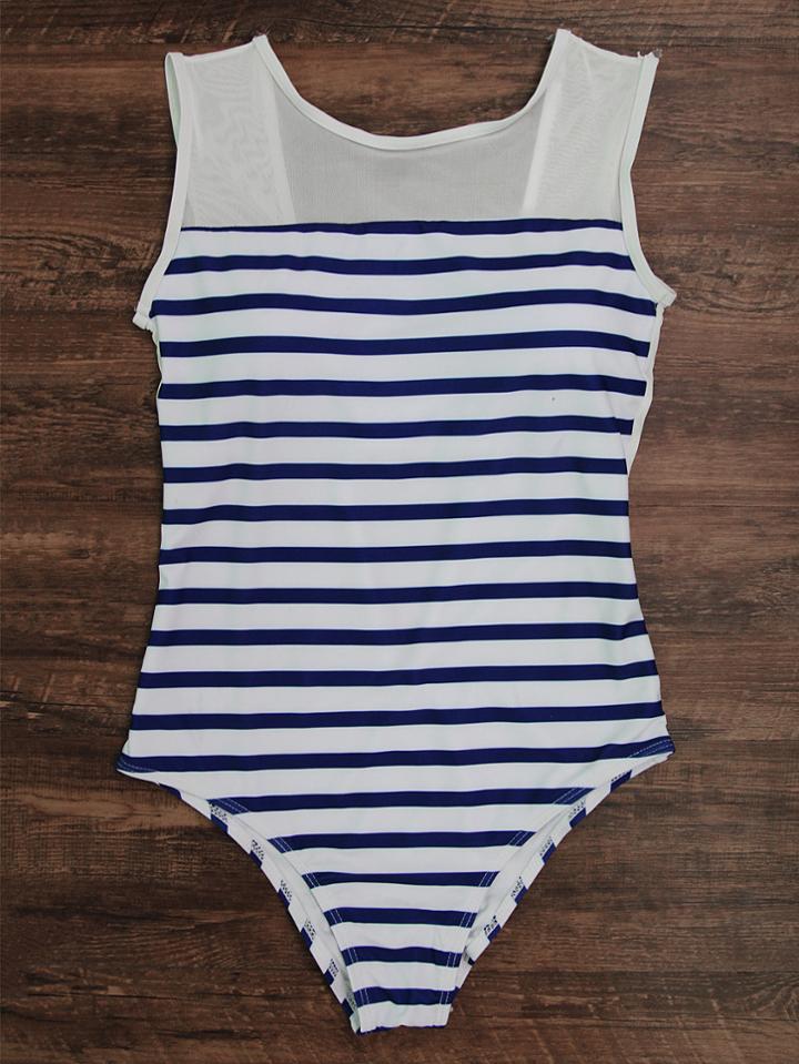 Shein Striped Print Low Back Mesh Detail Swimsuit