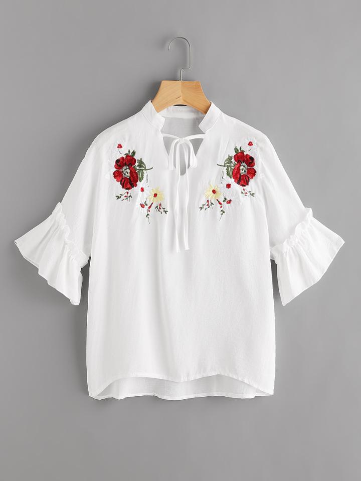 Shein Symmetric Embroidery Frill Sleeve Blouse