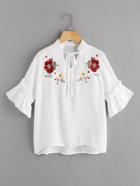 Shein Symmetric Embroidery Frill Sleeve Blouse