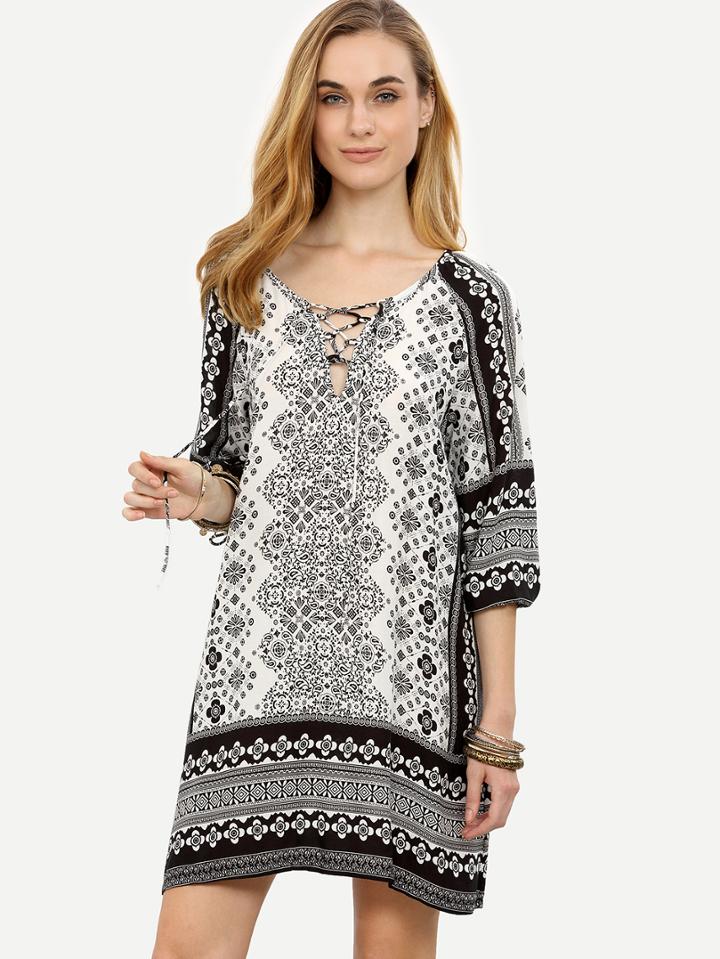 Shein Black White Vintage Print Lace Up Tunic Dress