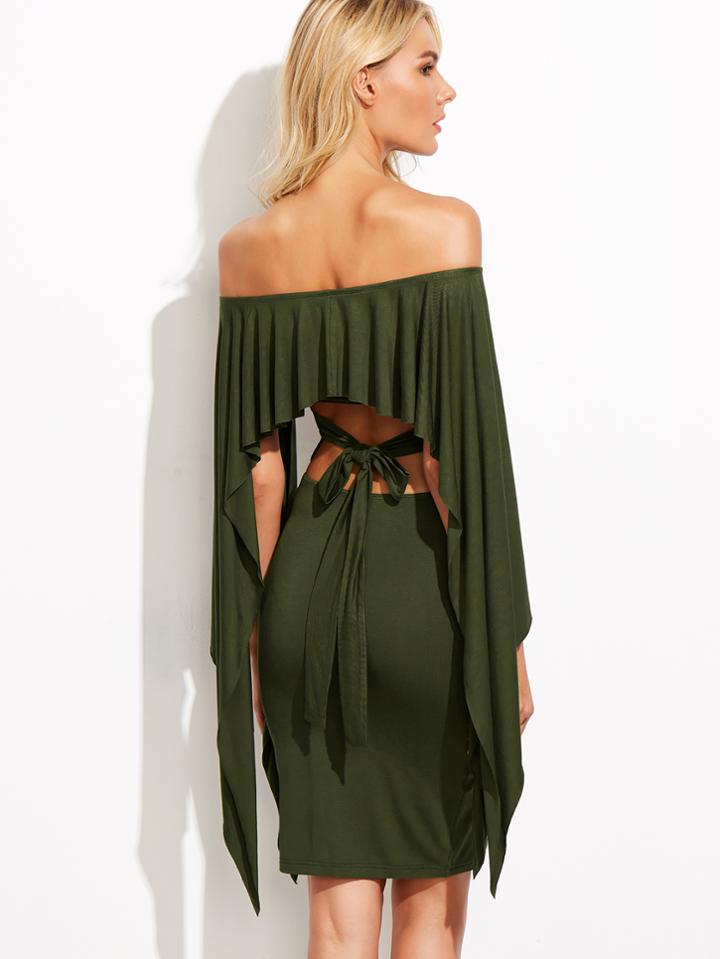 Shein Bardot Cutout Tie Back Pleated Cape Dress
