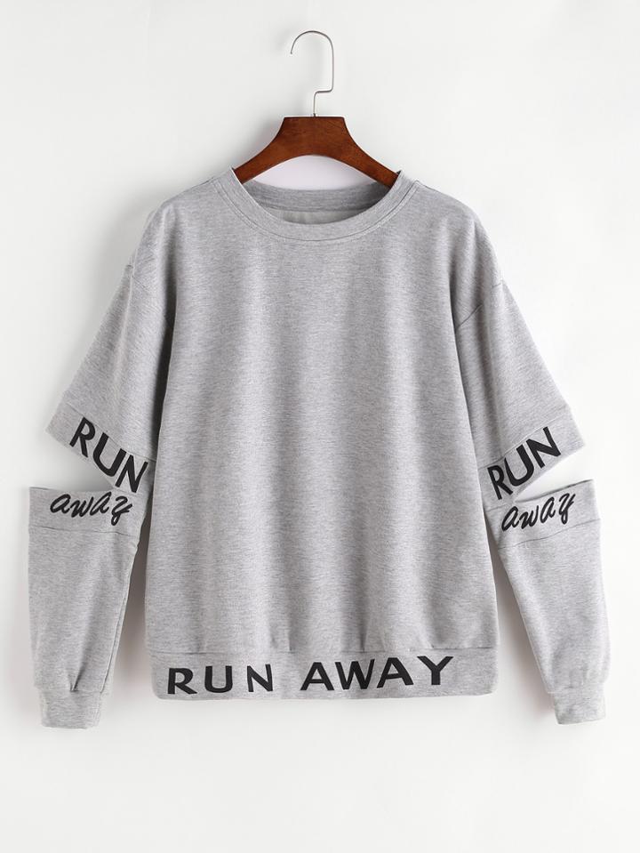 Shein Heather Grey Letter Print Split Elbow Sweatshirt