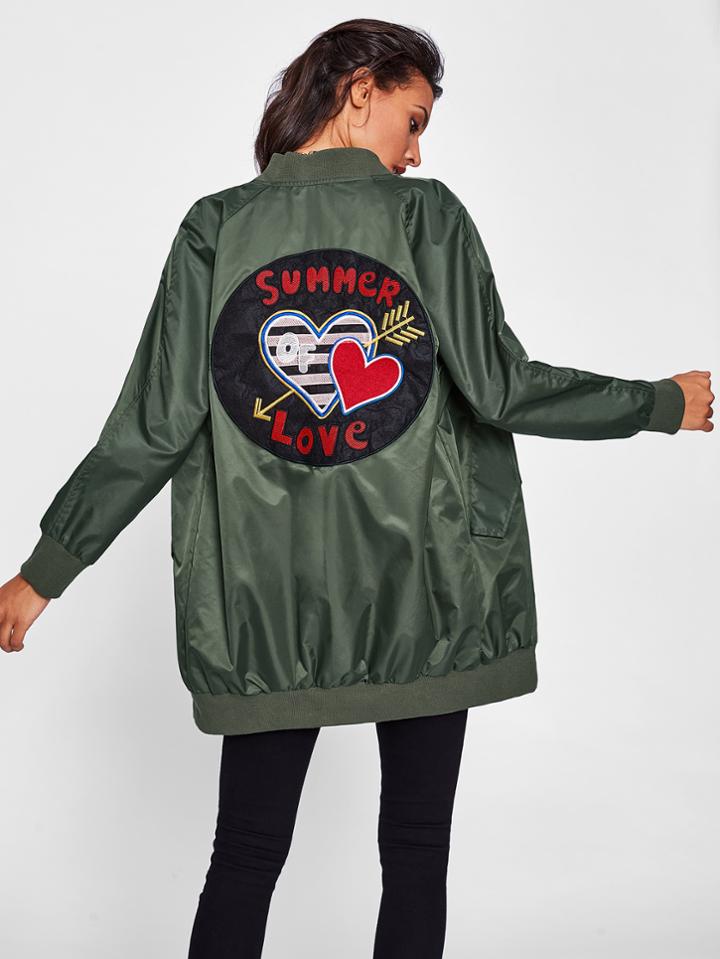 Shein Patch Detail Raglan Sleeve Longline Bomber Jacket